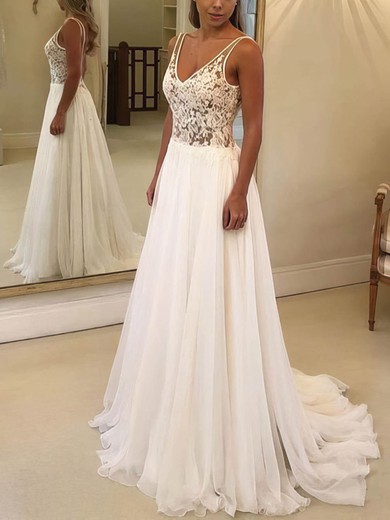 A-line V-neck Chiffon Sweep Train Wedding Dresses With Appliques Lace #UKM00023484