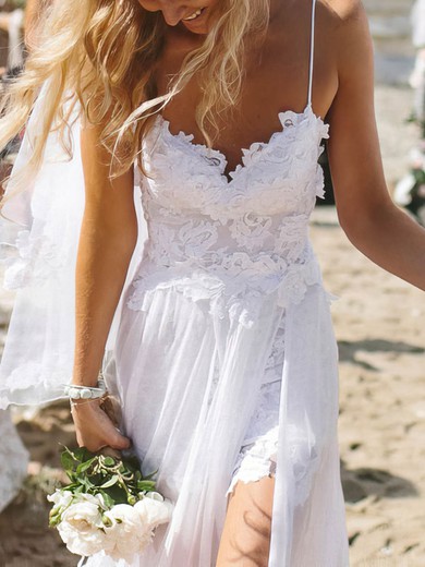 Chiffon Lace V-neck A-line Floor-length Appliques Lace Wedding Dresses #UKM00023485
