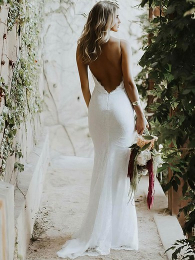 Lace V-neck Trumpet/Mermaid Sweep Train Lace Wedding Dresses #UKM00023487