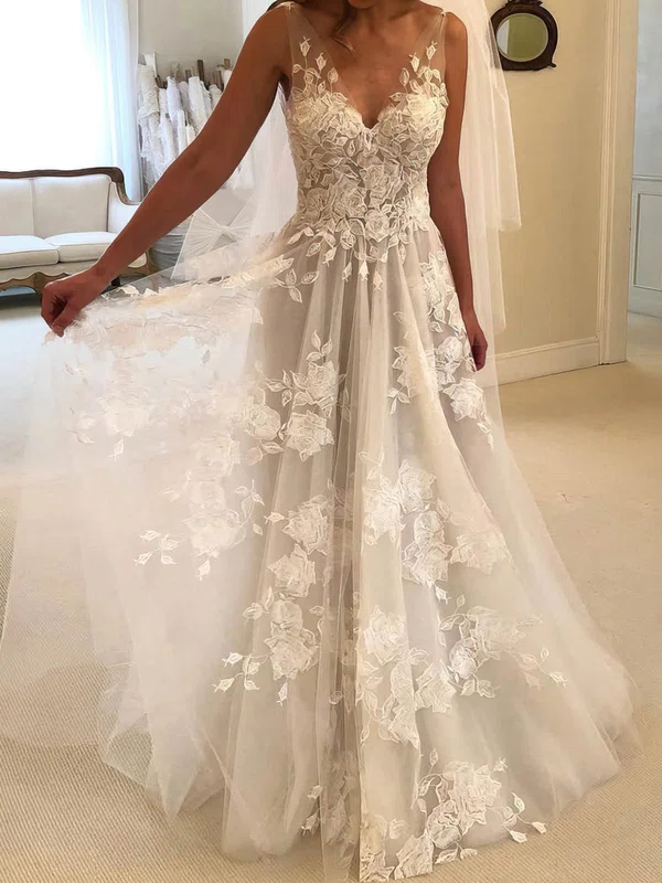 Ball Gown V-neck Tulle Sweep Train Wedding Dresses With Appliques Lace #UKM00023493