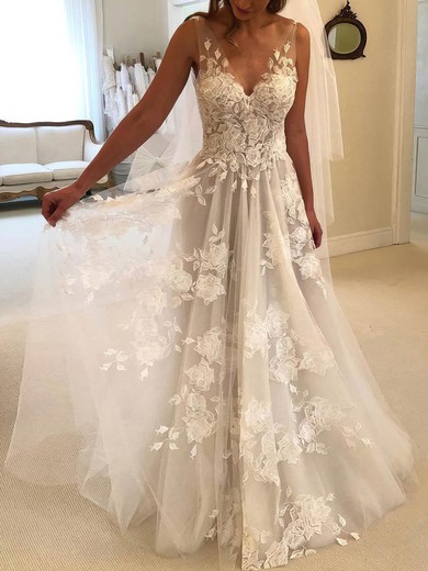 Tulle V-neck A-line Sweep Train Appliques Lace Wedding Dresses #UKM00023493