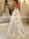 Tulle V-neck A-line Sweep Train Appliques Lace Wedding Dresses #UKM00023493