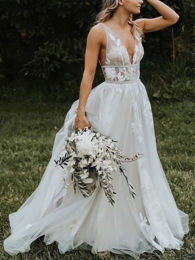 Ball Gown V-neck Tulle Sweep Train Wedding Dresses With Appliques Lace #UKM00023494