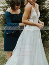 Tulle V-neck Princess Sweep Train Appliques Lace Wedding Dresses #UKM00023494