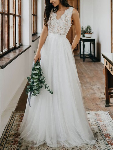 Ball Gown V-neck Lace Tulle Floor-length Wedding Dresses With Buttons #UKM00023497