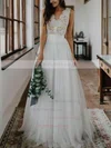 Lace Tulle V-neck A-line Floor-length Buttons Wedding Dresses #UKM00023497