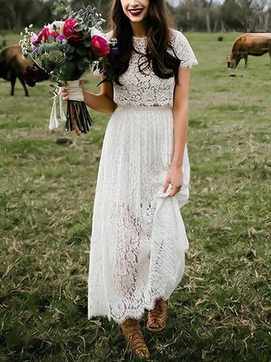 A-line Illusion Lace Ankle-length Wedding Dresses #UKM00023500