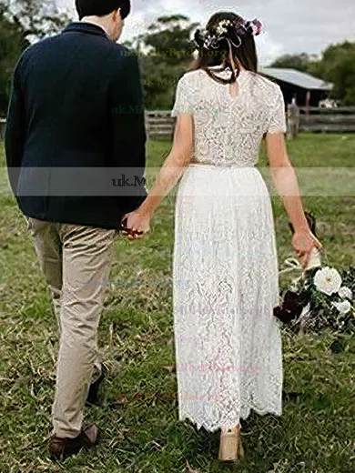 A line Illusion Lace Ankle length Wedding Dresses