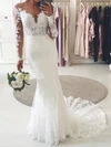 Tulle Lace Scoop Neck Trumpet/Mermaid Sweep Train Appliques Lace Wedding Dresses #UKM00023506