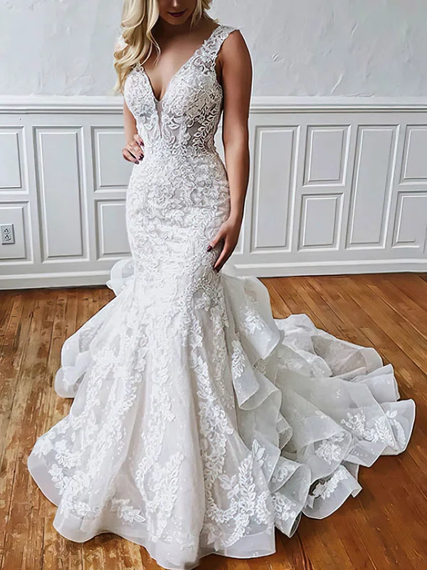 Organza Tulle V-neck Trumpet/Mermaid Sweep Train Appliques Lace Wedding Dresses #UKM00023508