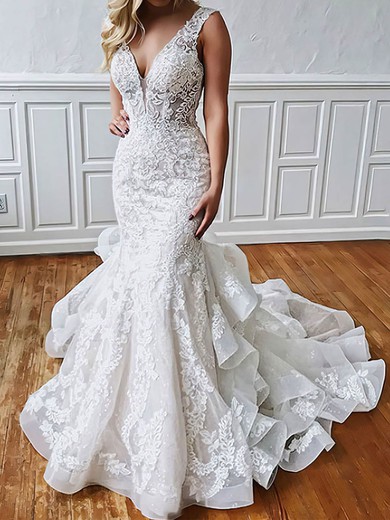 Trumpet/Mermaid V-neck Organza Sweep Train Wedding Dresses With Tiered #UKM00023508