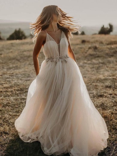 Tulle V-neck Princess Floor-length Sashes / Ribbons Wedding Dresses #UKM00023509
