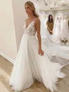 Ball Gown V-neck Tulle Sweep Train Wedding Dresses With Appliques Lace #UKM00023510