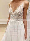 Tulle V-neck A-line Sweep Train Appliques Lace Wedding Dresses #UKM00023510