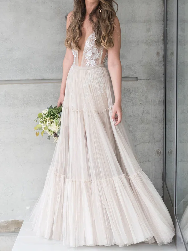 A-line V-neck Tulle Floor-length Wedding Dresses With Appliques Lace #UKM00023512