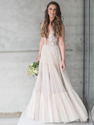A-line V-neck Tulle Floor-length Wedding Dresses With Appliques Lace #UKM00023512