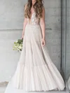 A-line V-neck Tulle Floor-length Wedding Dresses With Appliques Lace #UKM00023512