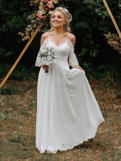 Lace Chiffon V-neck A-line Sweep Train Appliques Lace Wedding Dresses #UKM00023514