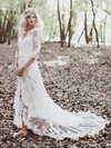 A-line V-neck Lace Tulle Sweep Train Wedding Dresses With Sashes / Ribbons #UKM00023515