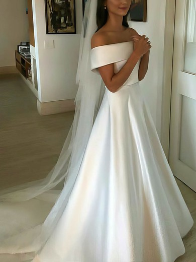 Ball Gown Off-the-shoulder Satin Sweep Train Wedding Dresses With Buttons #UKM00023517