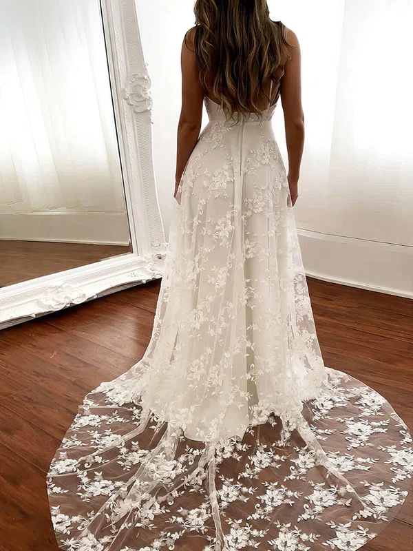 Lace V-neck A-line Sweep Train Split Front Wedding Dresses #UKM00023518