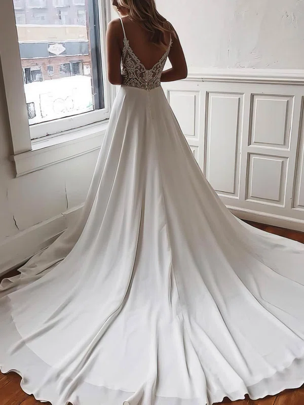 Chiffon V-neck A-line Sweep Train Lace Wedding Dresses #UKM00023519