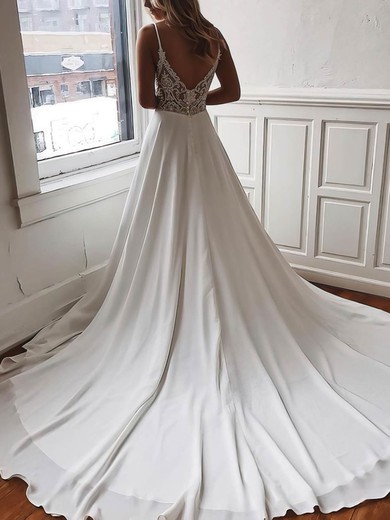 A-line V-neck Chiffon Sweep Train Wedding Dresses With Lace #UKM00023519