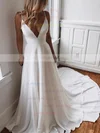 Chiffon V-neck A-line Sweep Train Lace Wedding Dresses #UKM00023519