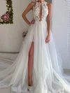 A-line Scoop Neck Tulle Chapel Train Wedding Dresses With Appliques Lace #UKM00023520