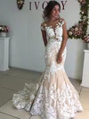 Trumpet/Mermaid Illusion Tulle Sweep Train Wedding Dresses With Appliques Lace #UKM00023521