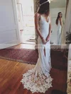 Lace V-neck Sheath/Column Sweep Train Split Front Wedding Dresses #UKM00023522