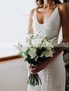 Lace V-neck Sheath/Column Sweep Train Split Front Wedding Dresses #UKM00023522