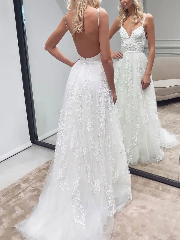 Tulle V-neck A-line Sweep Train Appliques Lace Wedding Dresses #UKM00023523