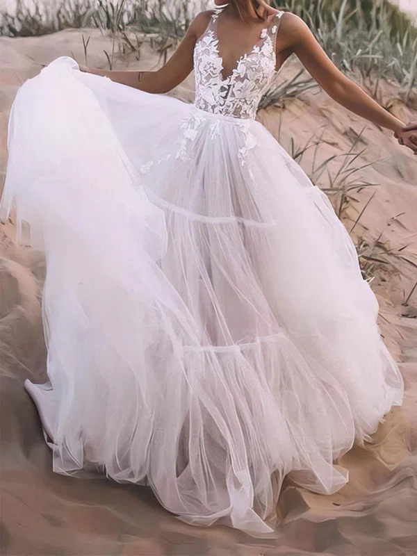 Ball Gown V-neck Tulle Sweep Train Wedding Dresses With Appliques Lace #UKM00023525