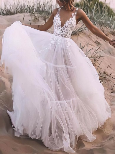 Tulle V-neck Princess Sweep Train Appliques Lace Wedding Dresses #UKM00023525