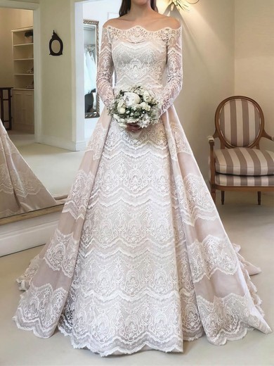 Ball Gown/Princess Off-the-shoulder Lace Sweep Train Wedding Dresses With Buttons #UKM00023527