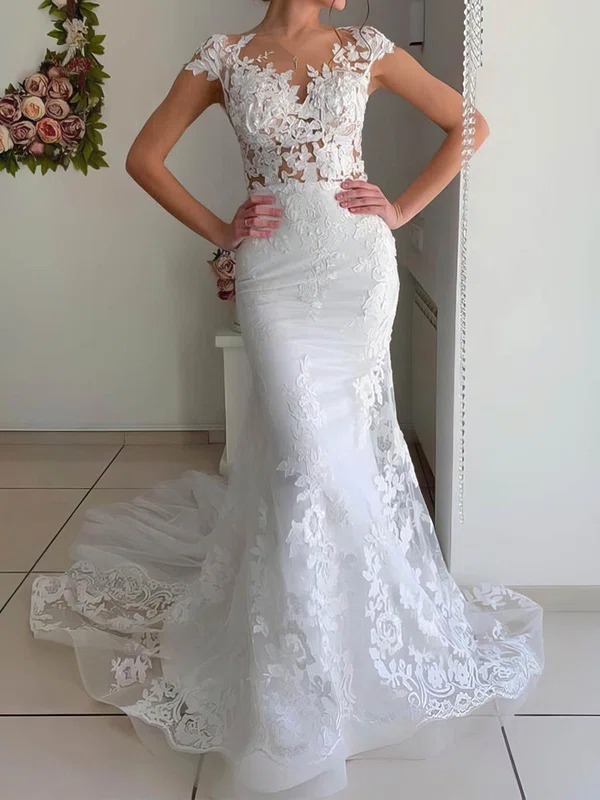 Trumpet/Mermaid Illusion Tulle Sweep Train Wedding Dresses With Appliques Lace #UKM00023528