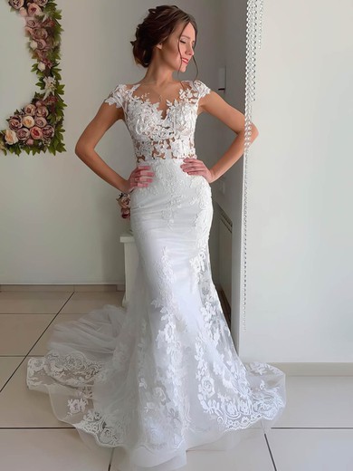 Lace Tulle Scoop Neck Trumpet/Mermaid Sweep Train Appliques Lace Wedding Dresses #UKM00023528