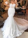 Trumpet/Mermaid Sweetheart Lace Tulle Court Train Wedding Dresses With Sashes / Ribbons #UKM00023529