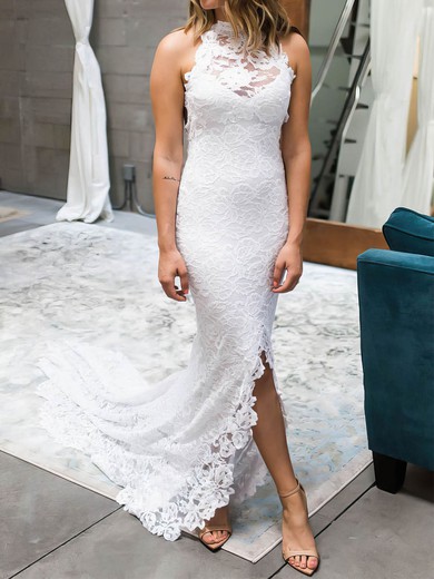 Trumpet/Mermaid High Neck Lace Court Train Wedding Dresses With Split Front #UKM00023531