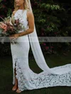 Lace High Neck Trumpet/Mermaid Court Train Split Front Wedding Dresses #UKM00023531