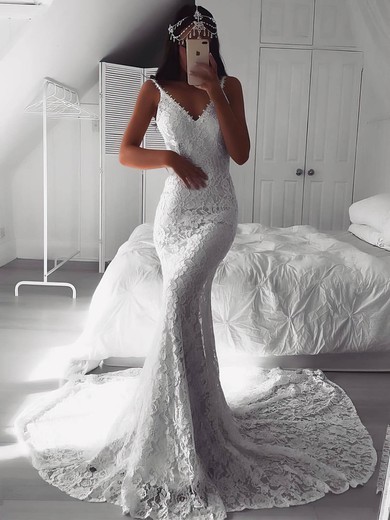 Lace V-neck Trumpet/Mermaid Sweep Train Appliques Lace Wedding Dresses #UKM00023532