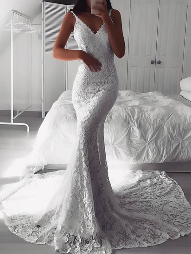 Trumpet/Mermaid V-neck Lace Sweep Train Wedding Dresses #UKM00023532