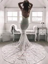 Lace V-neck Trumpet/Mermaid Sweep Train Appliques Lace Wedding Dresses #UKM00023532