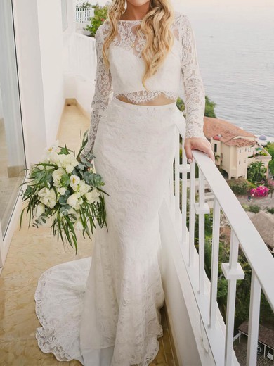 Trumpet/Mermaid Illusion Lace Sweep Train Wedding Dresses With Buttons #UKM00023534