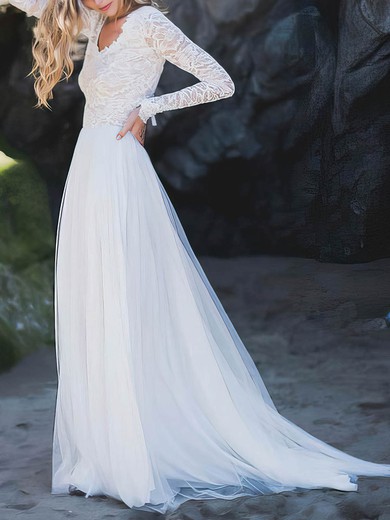 A-line V-neck Lace Tulle Sweep Train Wedding Dresses #UKM00023536