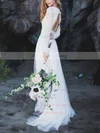 Lace Tulle V-neck A-line Sweep Train Lace Wedding Dresses #UKM00023536