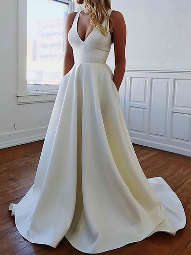 Ball Gown/Princess V-neck Satin Sweep Train Wedding Dresses With Pockets #UKM00023538