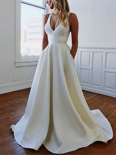 Ball Gown V-neck Satin Sweep Train Wedding Dresses With Pockets #UKM00023538