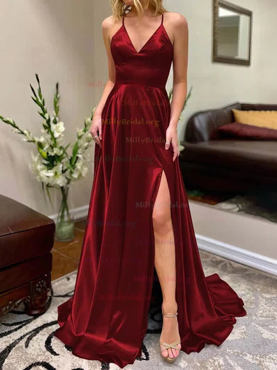 V Neck Satin A Line Burgundy Ruched Prom Dress With Slit V Neck Satin A Line Burgundy Ruched Prom Dress With Slit